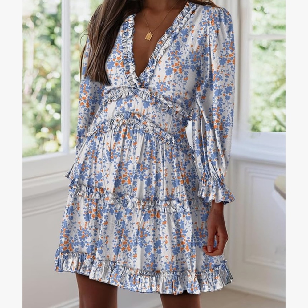 Deep V Neck Long Sleeve Backless Ruffle Floral Flowy Mini Dress